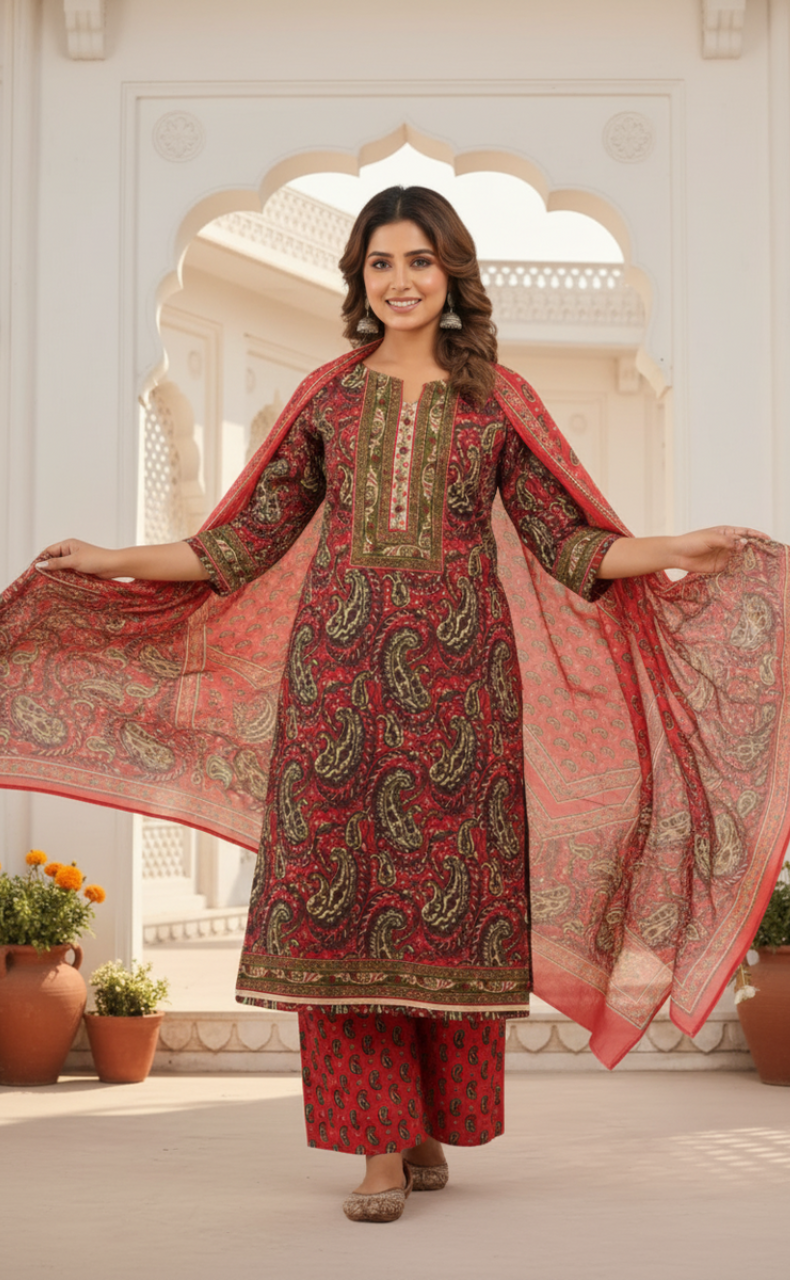 Tomato Red Floral Jaipur Cotton Kurti With Pant And Dupatta Set. Pure Versatile Cotton. | Laces and Frills