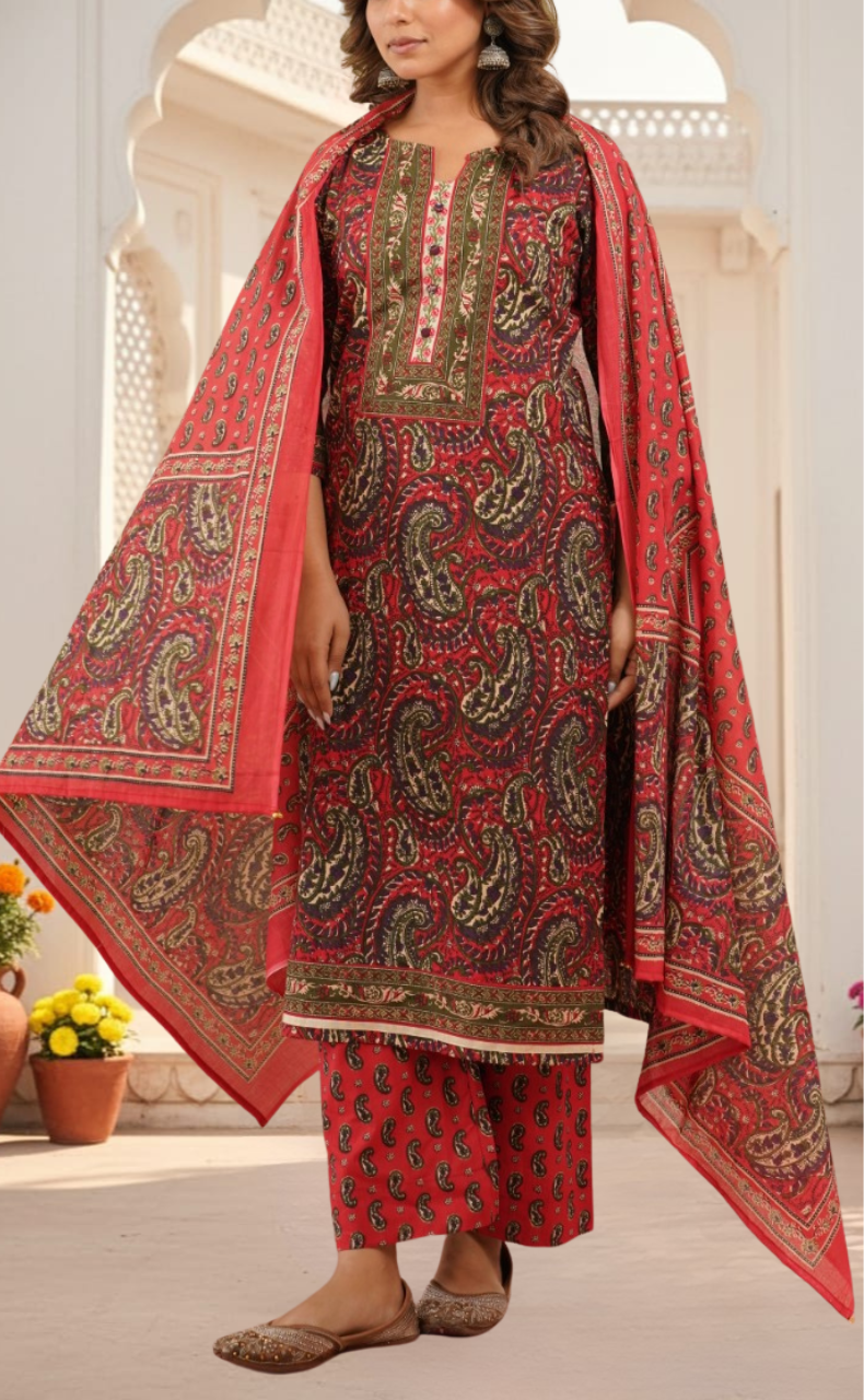 Tomato Red Floral Jaipur Cotton Kurti With Pant And Dupatta Set. Pure Versatile Cotton. | Laces and Frills