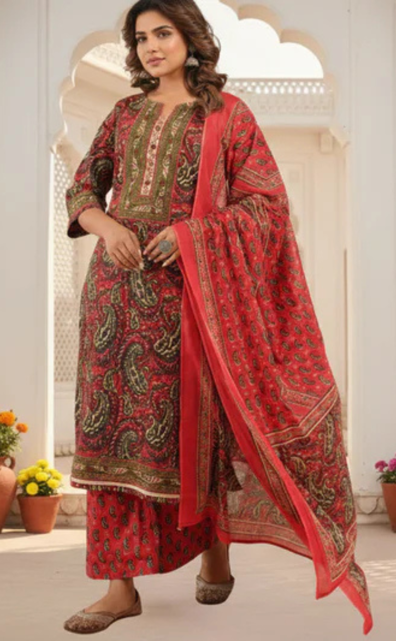 Tomato Red Floral Jaipur Cotton Kurti With Pant And Dupatta Set. Pure Versatile Cotton. | Laces and Frills