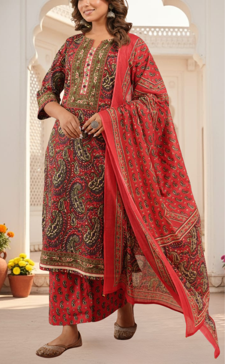 Tomato Red Floral Jaipur Cotton Kurti With Pant And Dupatta Set. Pure Versatile Cotton. | Laces and Frills
