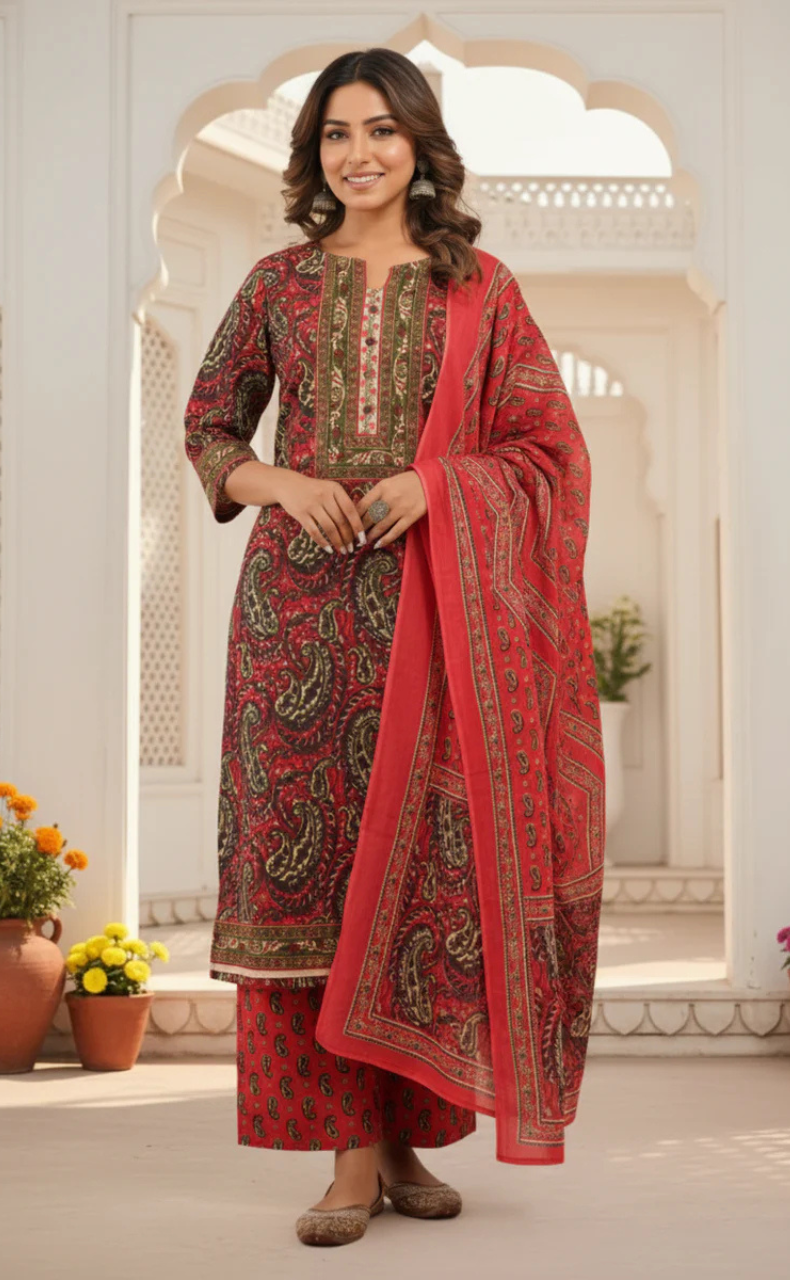 Tomato Red Floral Jaipur Cotton Kurti With Pant And Dupatta Set. Pure Versatile Cotton. | Laces and Frills
