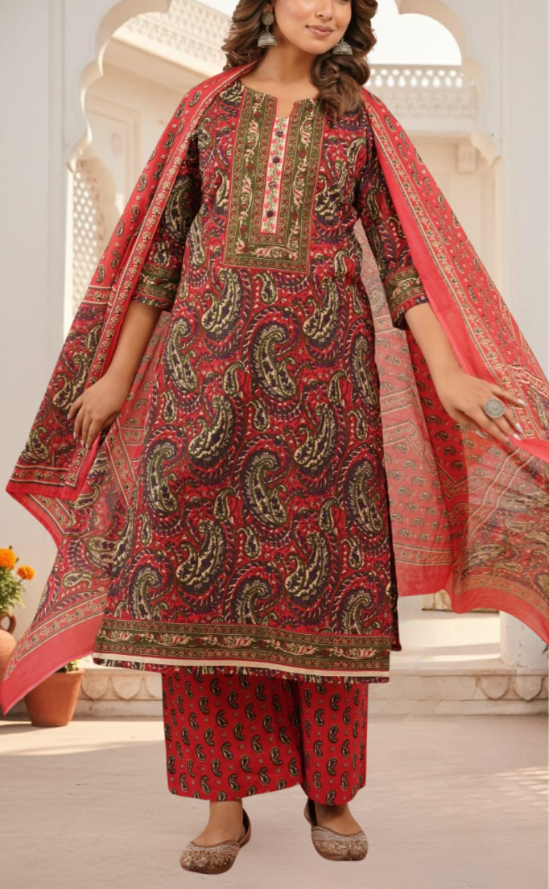 Tomato Red Floral Jaipur Cotton Kurti With Pant And Dupatta Set. Pure Versatile Cotton. | Laces and Frills