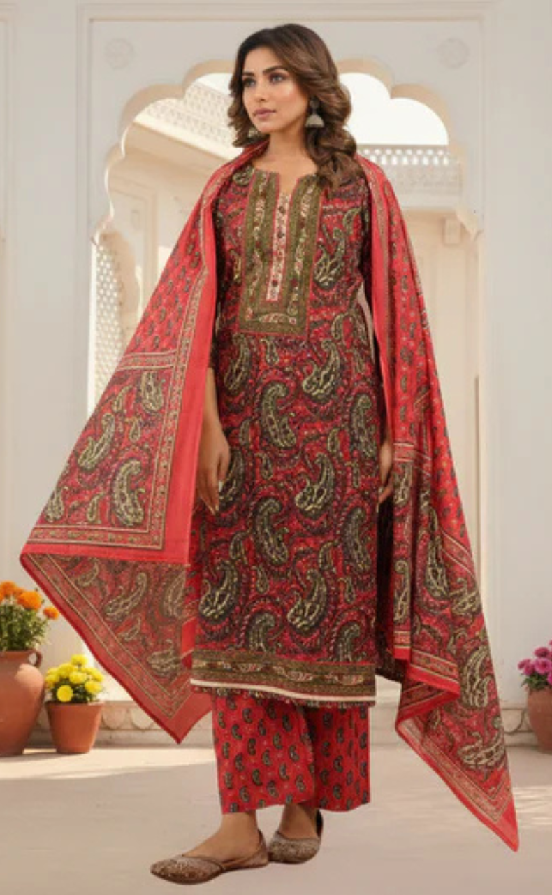 Tomato Red Floral Jaipur Cotton Kurti With Pant And Dupatta Set. Pure Versatile Cotton. | Laces and Frills