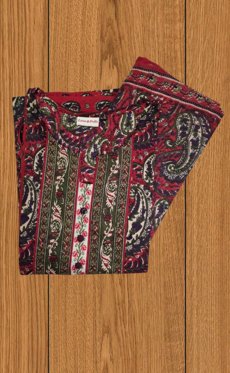 Tomato Red Floral Jaipur Cotton Kurti With Pant And Dupatta Set. Pure Versatile Cotton. | Laces and Frills