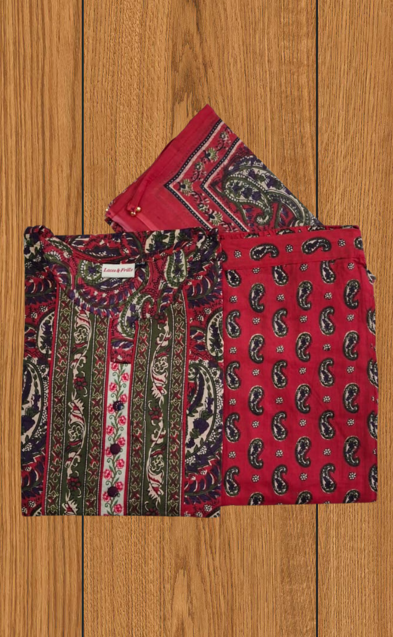Tomato Red Floral Jaipur Cotton Kurti With Pant And Dupatta Set. Pure Versatile Cotton. | Laces and Frills