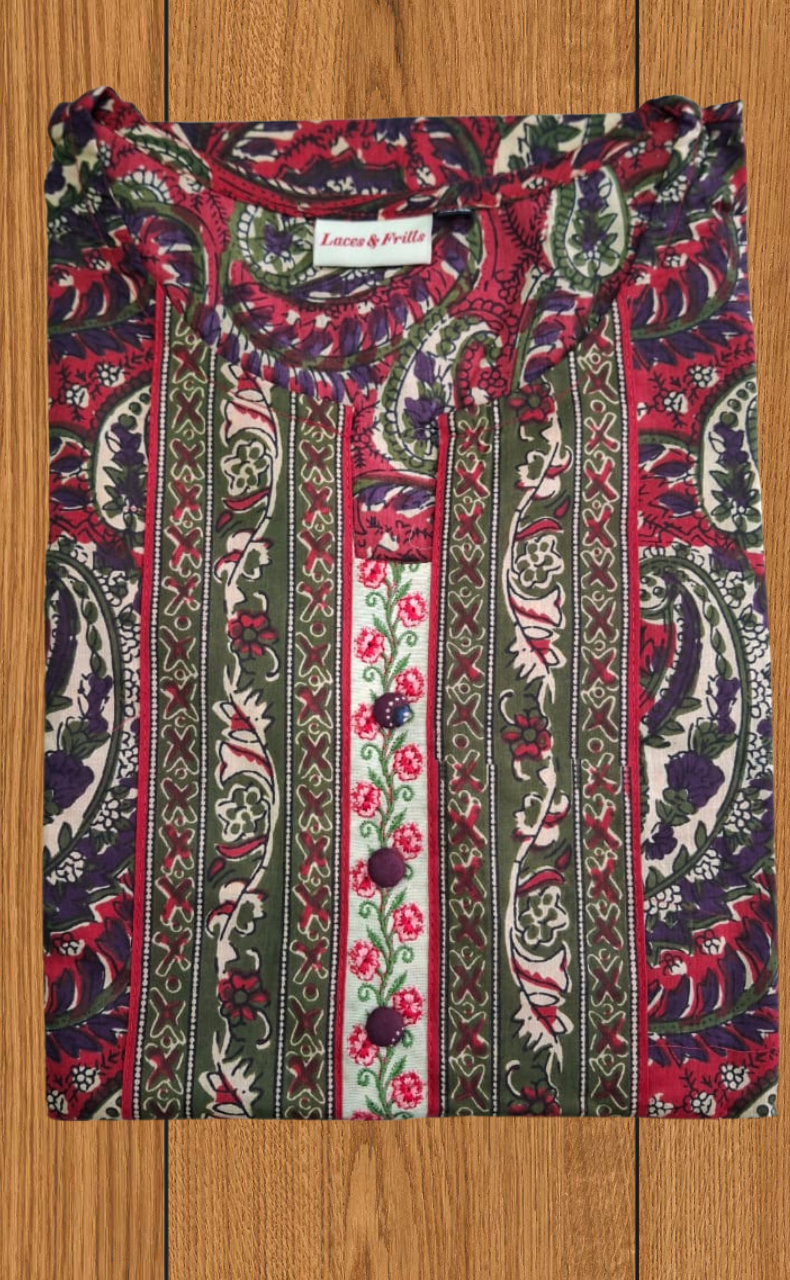 Tomato Red Floral Jaipur Cotton Kurti With Pant And Dupatta Set. Pure Versatile Cotton. | Laces and Frills