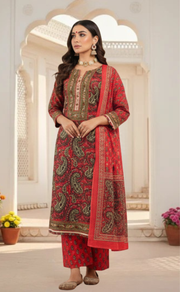 Tomato Red Floral Jaipur Cotton Kurti With Pant And Dupatta Set. Pure Versatile Cotton. | Laces and Frills - Laces and Frills