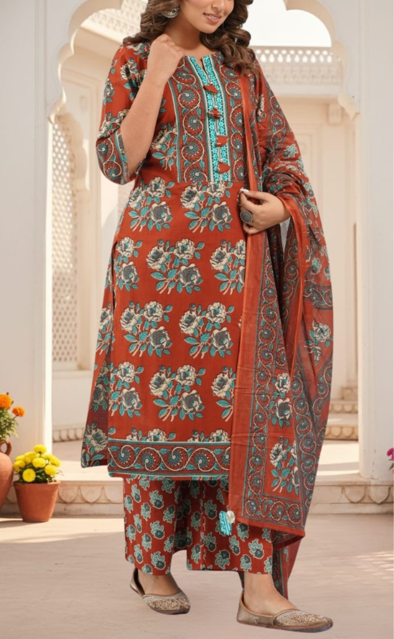 Brick Red Floral Jaipur Cotton Kurti With Pant And Dupatta Set. Pure Versatile Cotton. | Laces and Frills