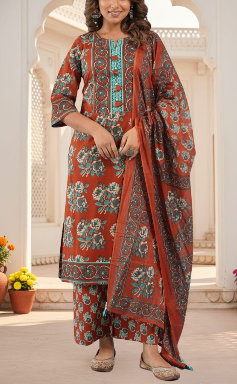 Brick Red Floral Jaipur Cotton Kurti With Pant And Dupatta Set. Pure Versatile Cotton. | Laces and Frills