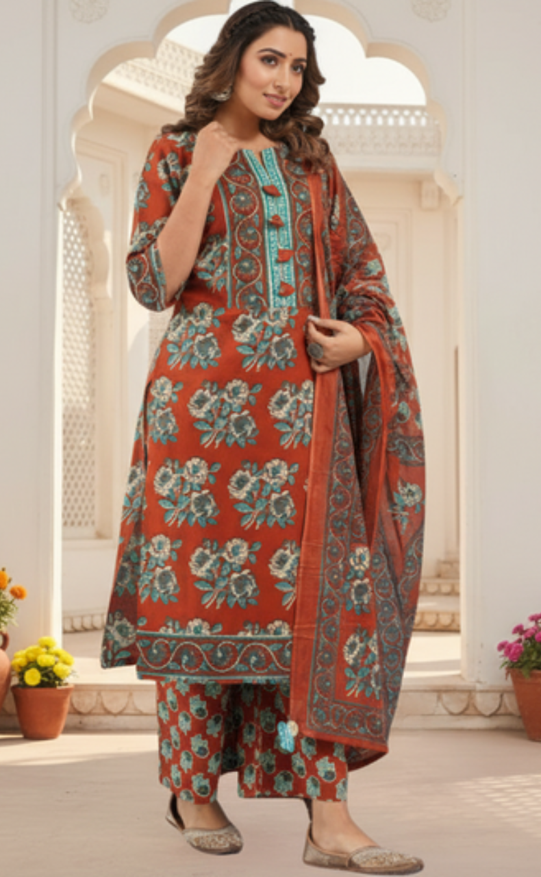 Brick Red Floral Jaipur Cotton Kurti With Pant And Dupatta Set. Pure Versatile Cotton. | Laces and Frills