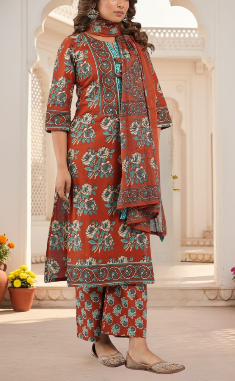 Brick Red Floral Jaipur Cotton Kurti With Pant And Dupatta Set. Pure Versatile Cotton. | Laces and Frills