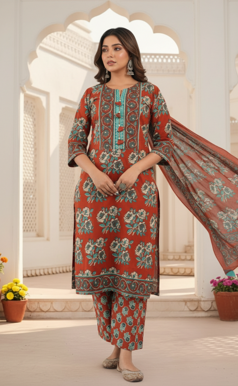 Brick Red Floral Jaipur Cotton Kurti With Pant And Dupatta Set. Pure Versatile Cotton. | Laces and Frills