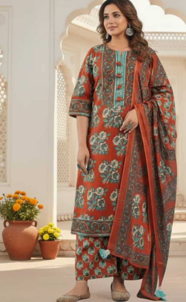 Brick Red Floral Jaipur Cotton Kurti With Pant And Dupatta Set. Pure Versatile Cotton. | Laces and Frills