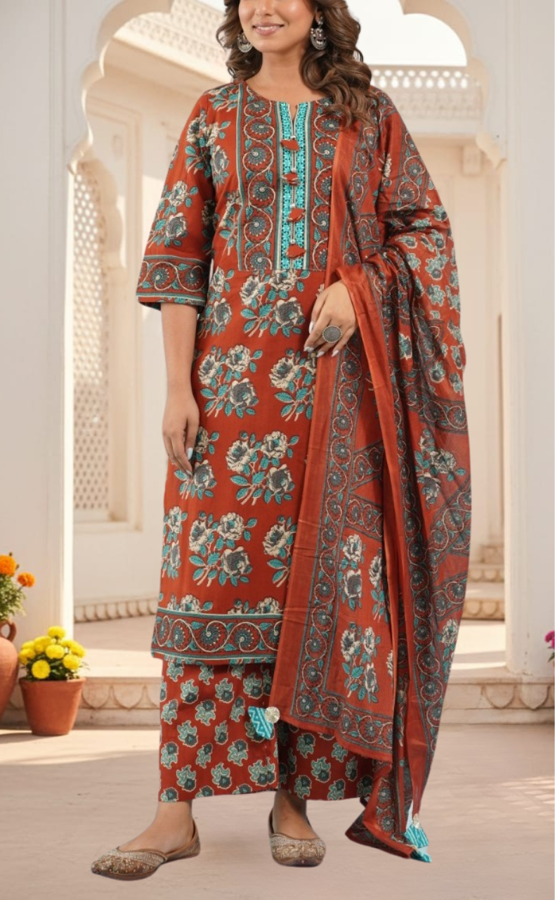 Brick Red Floral Jaipur Cotton Kurti With Pant And Dupatta Set. Pure Versatile Cotton. | Laces and Frills