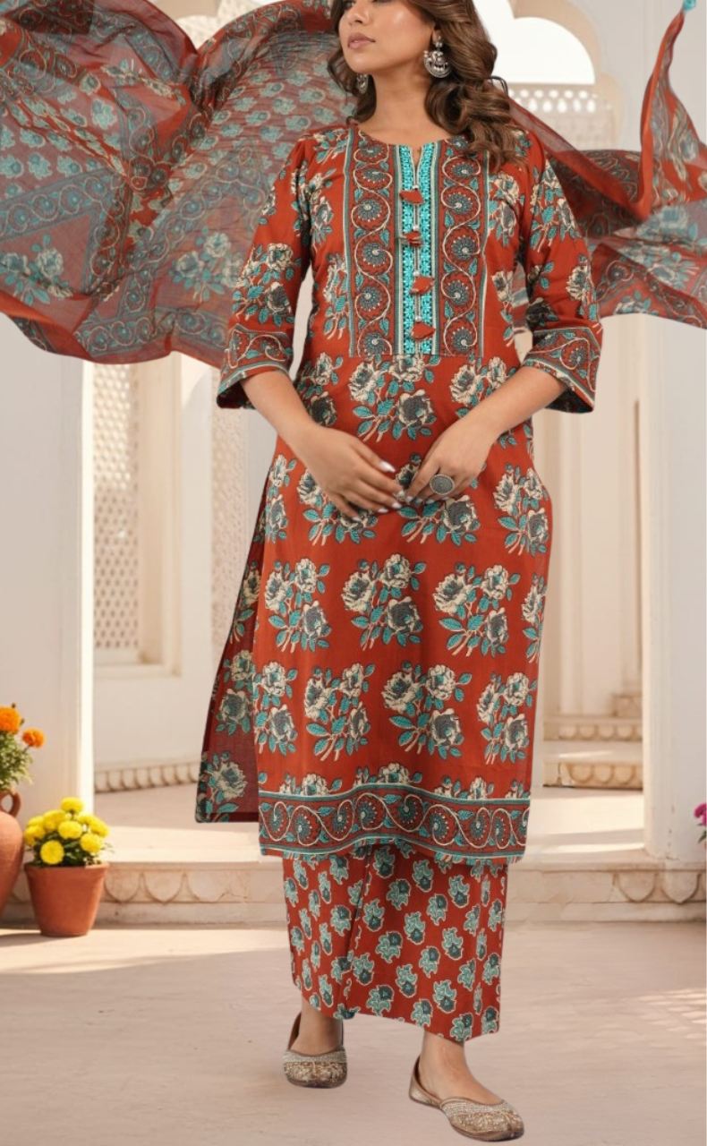 Brick Red Floral Jaipur Cotton Kurti With Pant And Dupatta Set. Pure Versatile Cotton. | Laces and Frills
