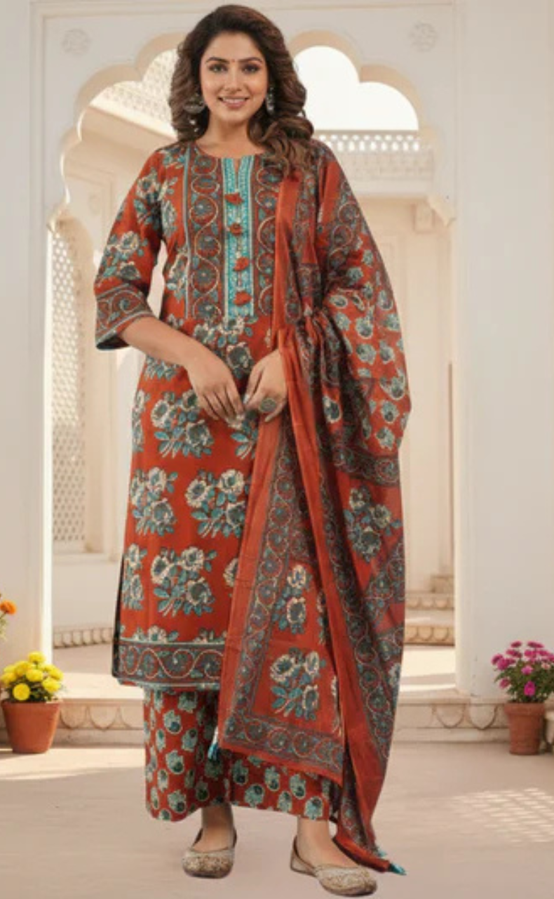 Brick Red Floral Jaipur Cotton Kurti With Pant And Dupatta Set. Pure Versatile Cotton. | Laces and Frills