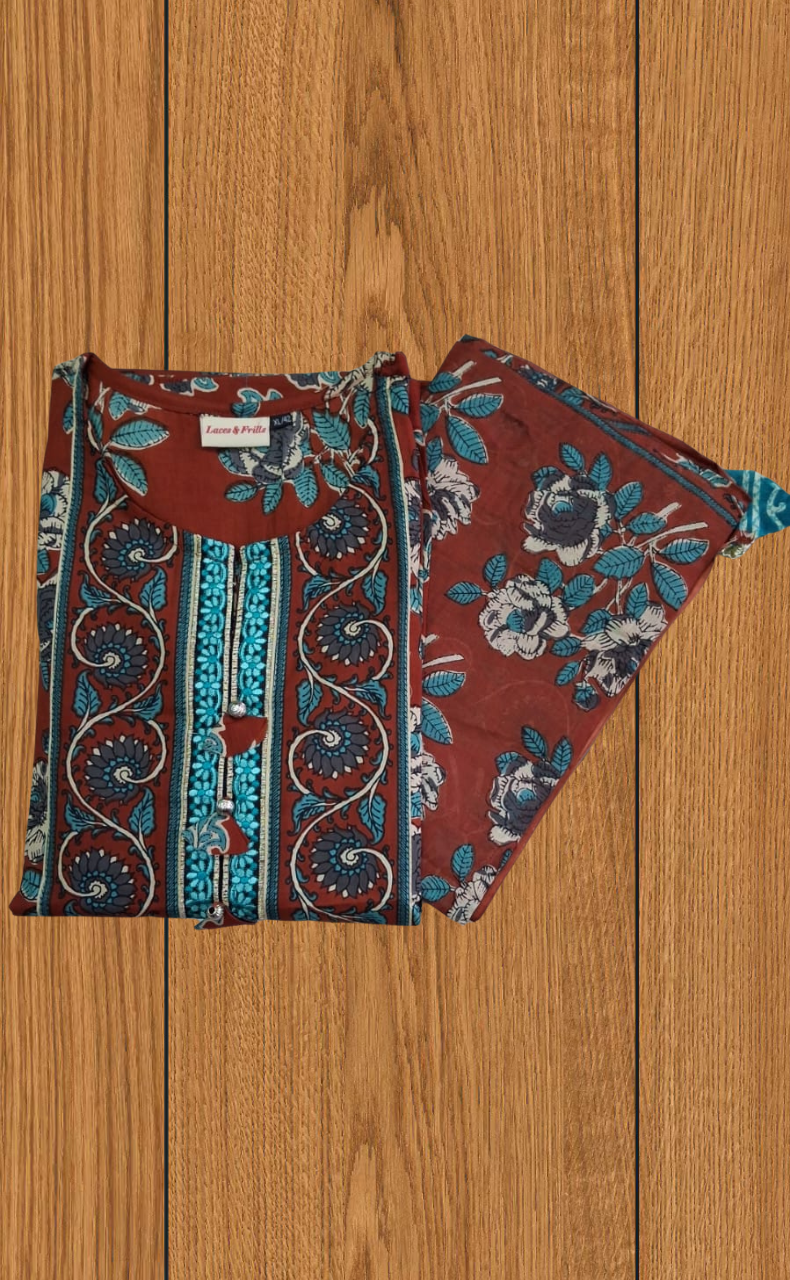 Brick Red Floral Jaipur Cotton Kurti With Pant And Dupatta Set. Pure Versatile Cotton. | Laces and Frills