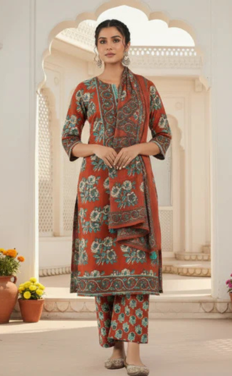 Brick Red Floral Jaipur Cotton Kurti With Pant And Dupatta Set. Pure Versatile Cotton. | Laces and Frills
