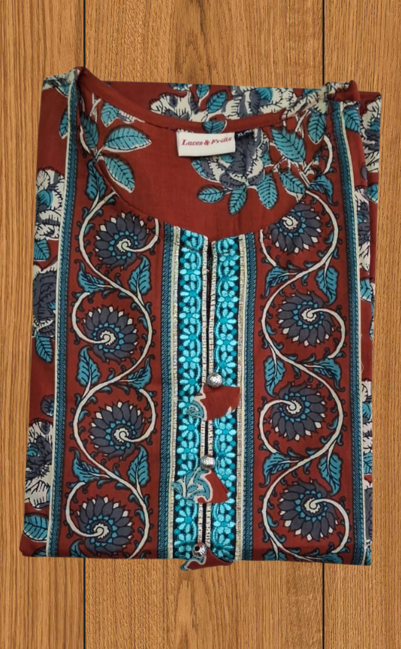 Brick Red Floral Jaipur Cotton Kurti With Pant And Dupatta Set. Pure Versatile Cotton. | Laces and Frills