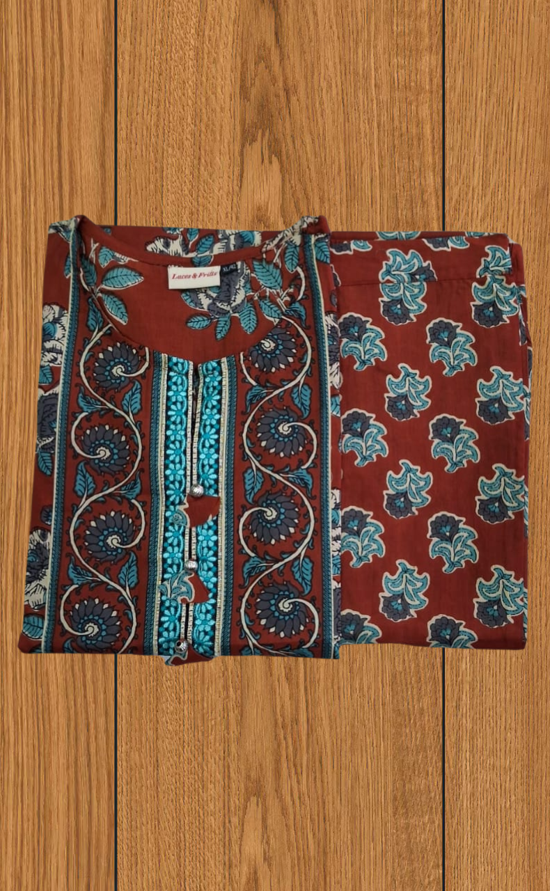 Brick Red Floral Jaipur Cotton Kurti With Pant And Dupatta Set. Pure Versatile Cotton. | Laces and Frills