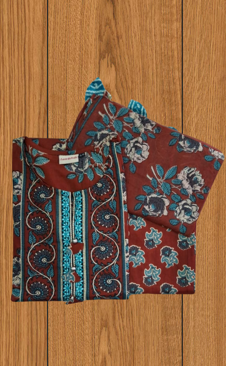 Brick Red Floral Jaipur Cotton Kurti With Pant And Dupatta Set. Pure Versatile Cotton. | Laces and Frills