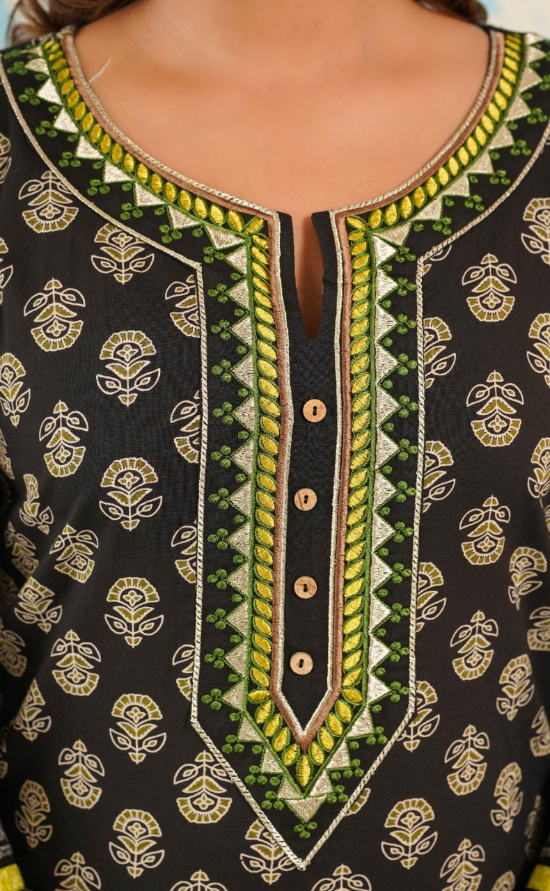 Black Tiny Flora Jaipur Cotton Kurti With Pant And Dupatta Set. Pure Versatile Cotton. | Laces and Frills
