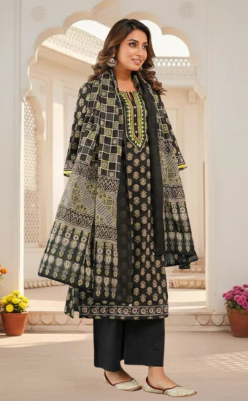 Black Tiny Flora Jaipur Cotton Kurti With Pant And Dupatta Set. Pure Versatile Cotton. | Laces and Frills