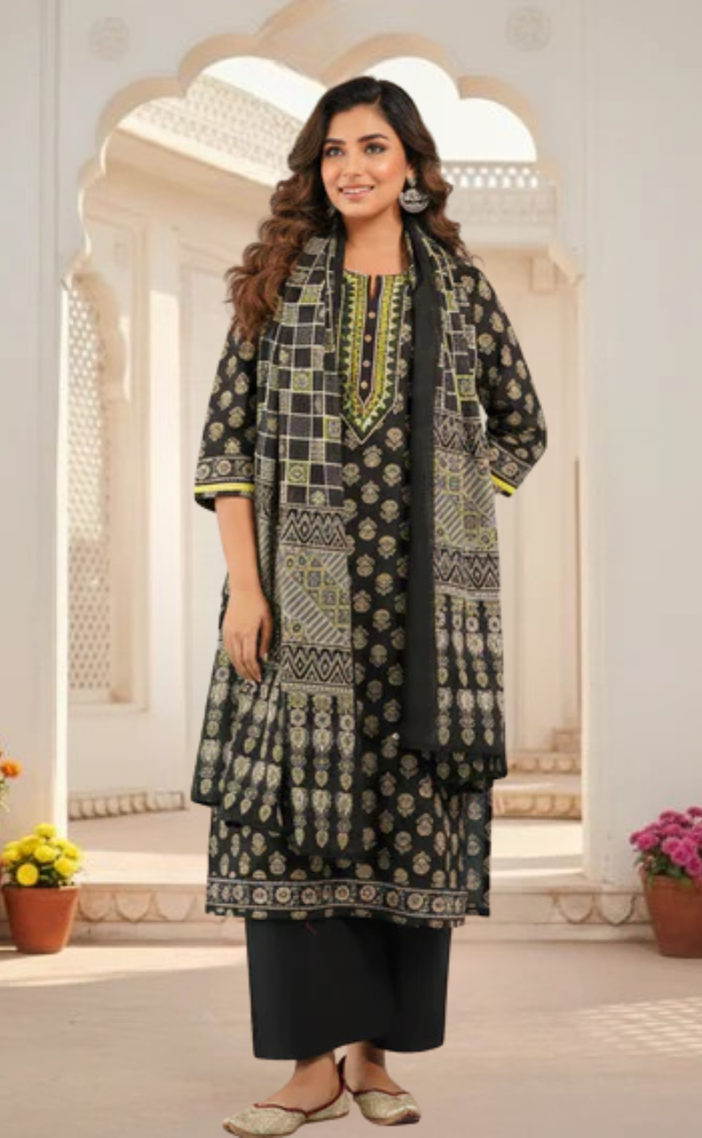 Black Tiny Flora Jaipur Cotton Kurti With Pant And Dupatta Set. Pure Versatile Cotton. | Laces and Frills