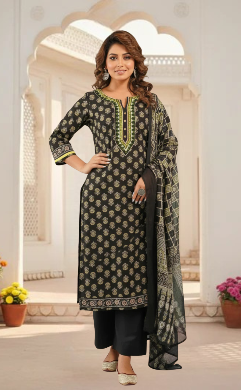 Black Tiny Flora Jaipur Cotton Kurti With Pant And Dupatta Set. Pure Versatile Cotton. | Laces and Frills