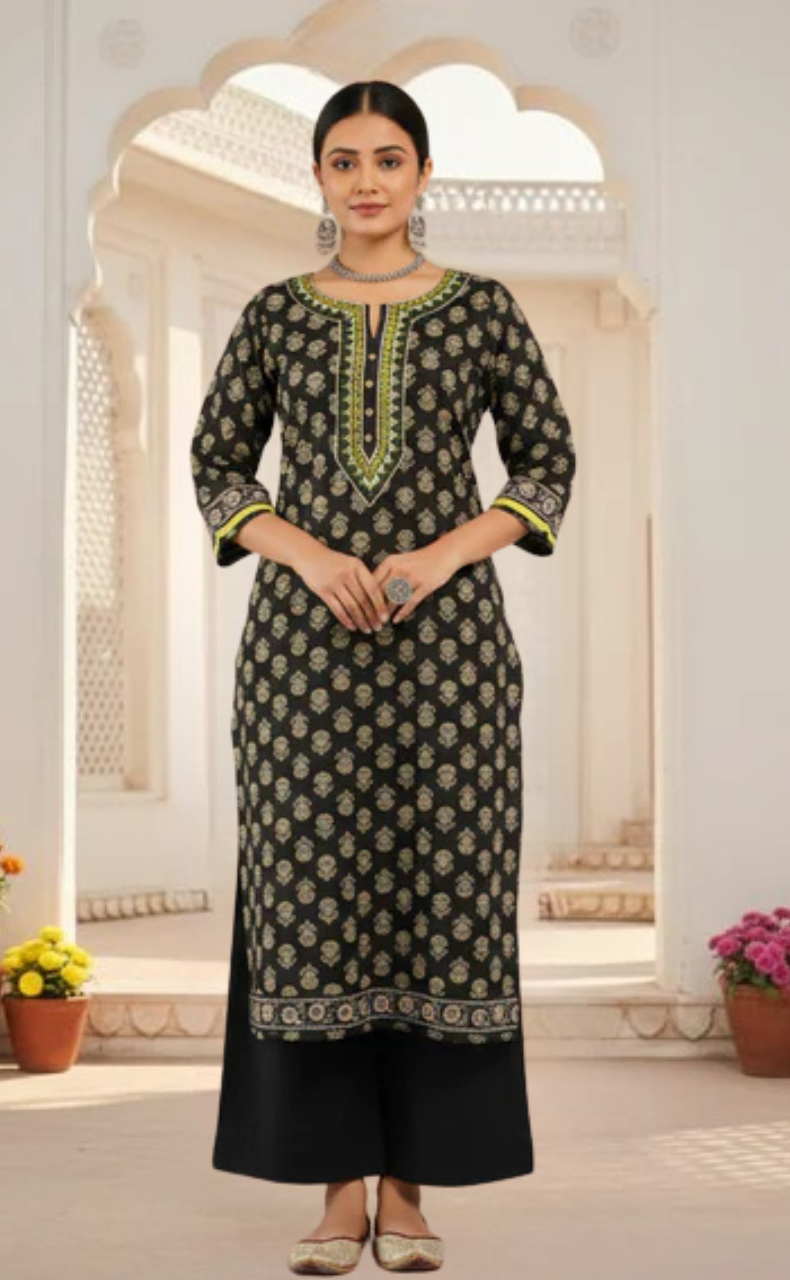 Black Tiny Flora Jaipur Cotton Kurti With Pant And Dupatta Set. Pure Versatile Cotton. | Laces and Frills