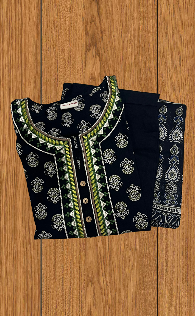 Black Tiny Flora Jaipur Cotton Kurti With Pant And Dupatta Set. Pure Versatile Cotton. | Laces and Frills