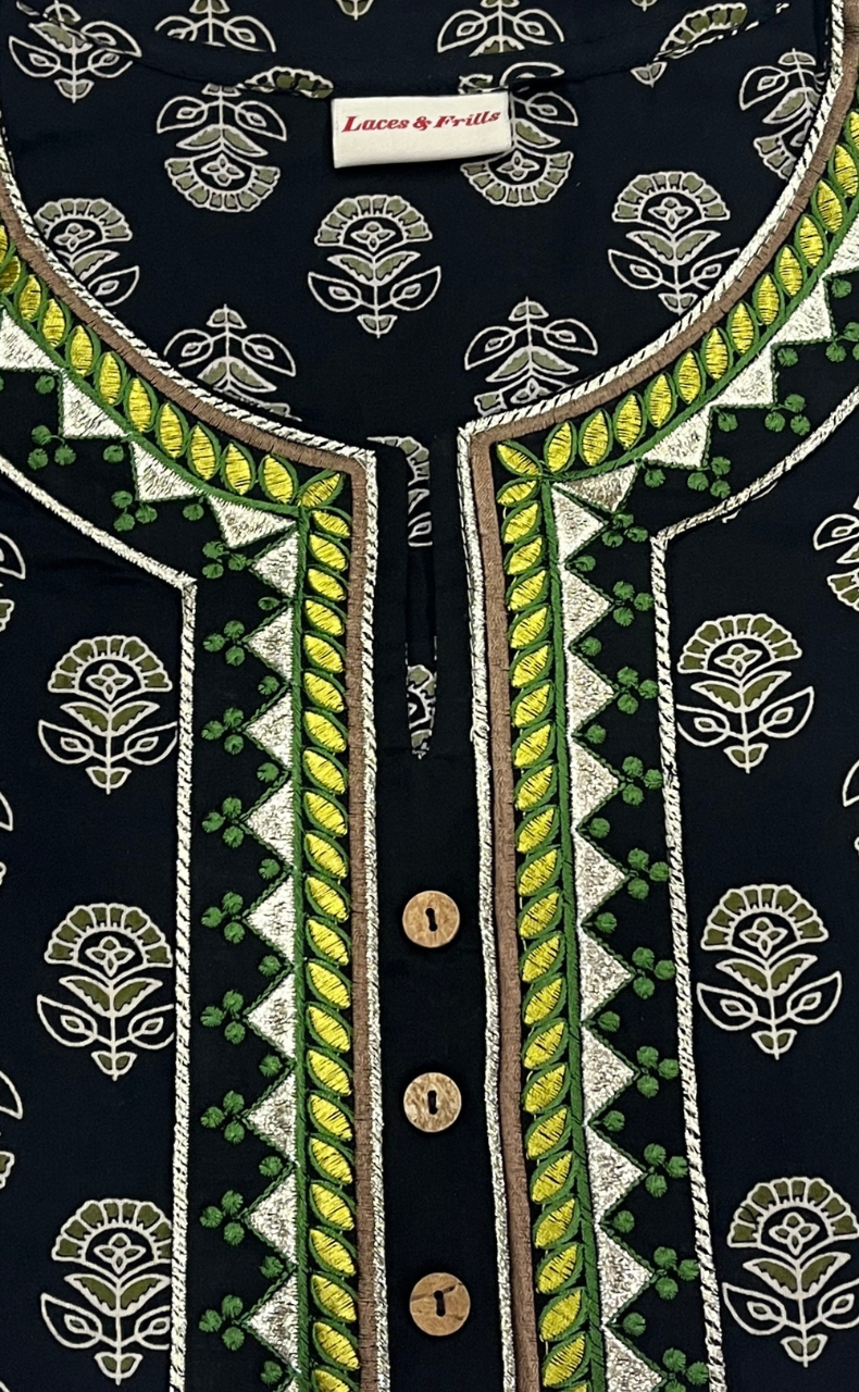 Black Tiny Flora Jaipur Cotton Kurti With Pant And Dupatta Set. Pure Versatile Cotton. | Laces and Frills