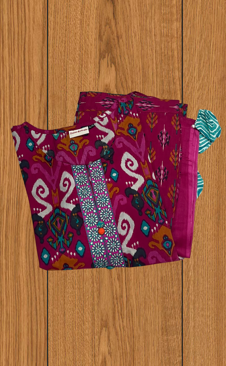 Hot Pink Ikkat Jaipur Cotton Kurti With Pant And Dupatta Set. Pure Versatile Cotton. | Laces and Frills