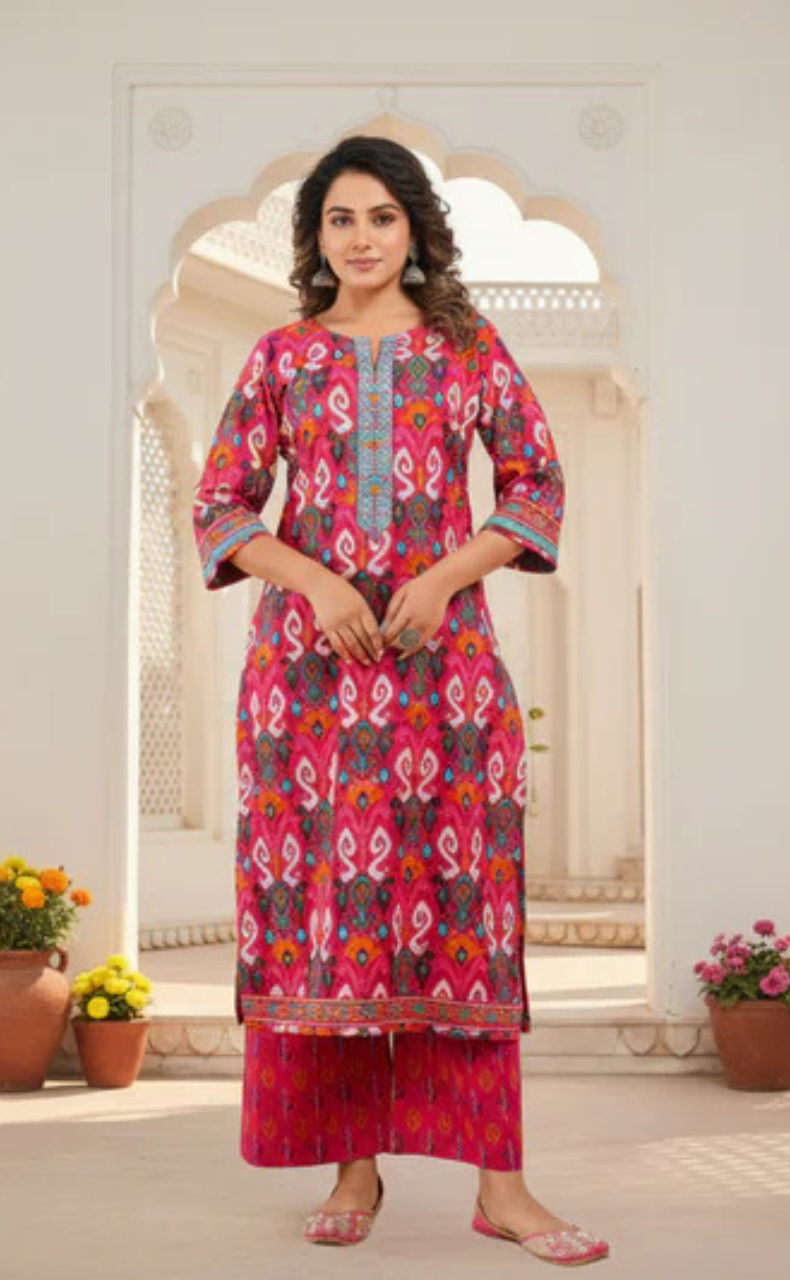Hot Pink Ikkat Jaipur Cotton Kurti With Pant And Dupatta Set. Pure Versatile Cotton. | Laces and Frills