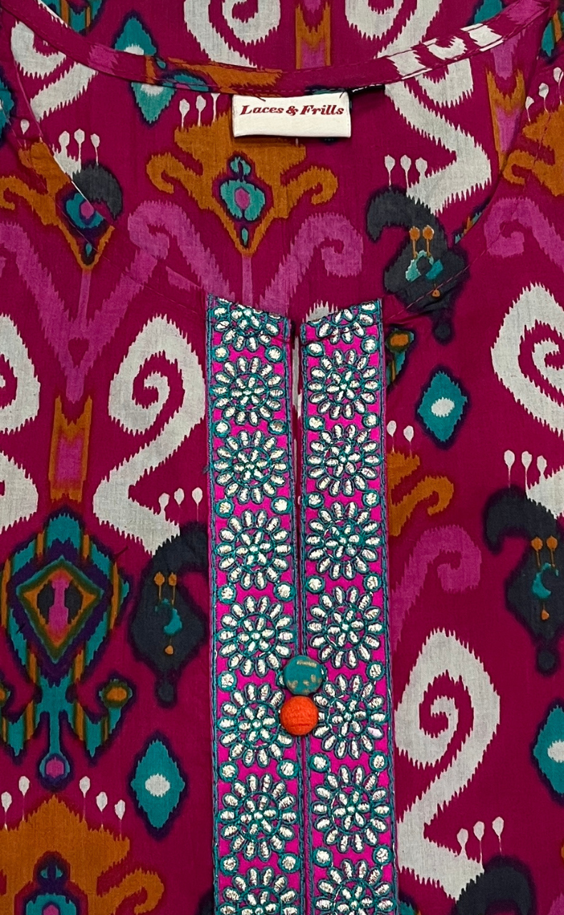 Hot Pink Ikkat Jaipur Cotton Kurti With Pant And Dupatta Set. Pure Versatile Cotton. | Laces and Frills