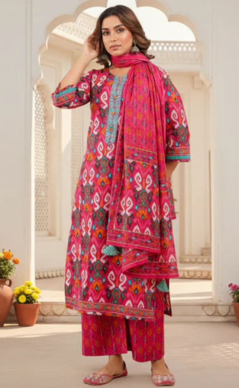 Hot Pink Ikkat Jaipur Cotton Kurti With Pant And Dupatta Set. Pure Versatile Cotton. | Laces and Frills