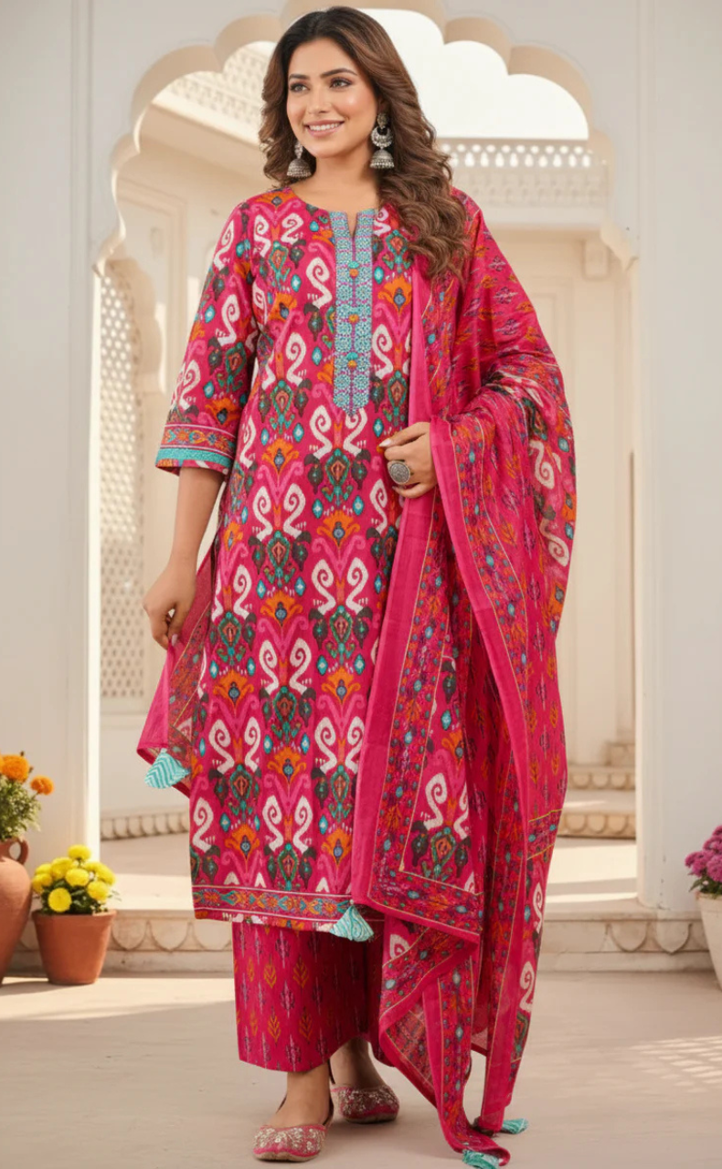 Hot Pink Ikkat Jaipur Cotton Kurti With Pant And Dupatta Set. Pure Versatile Cotton. | Laces and Frills