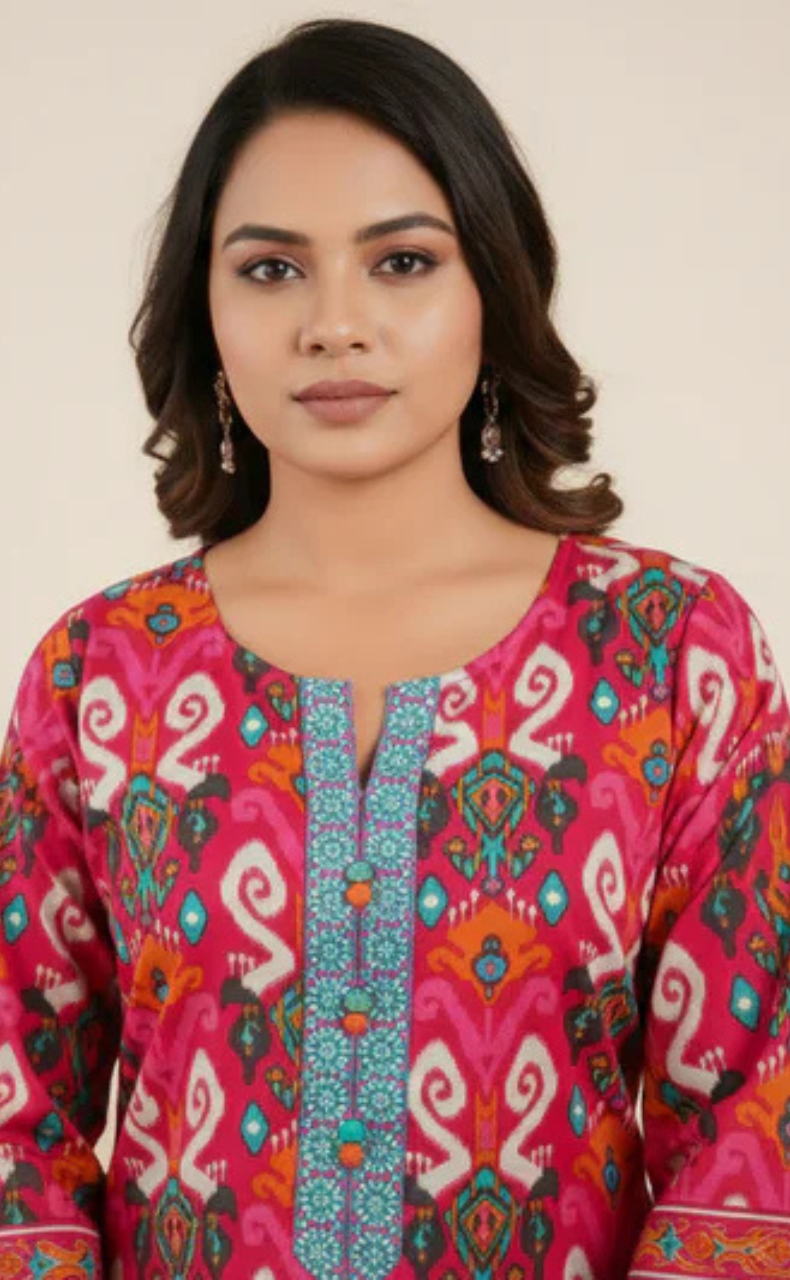 Hot Pink Ikkat Jaipur Cotton Kurti With Pant And Dupatta Set. Pure Versatile Cotton. | Laces and Frills