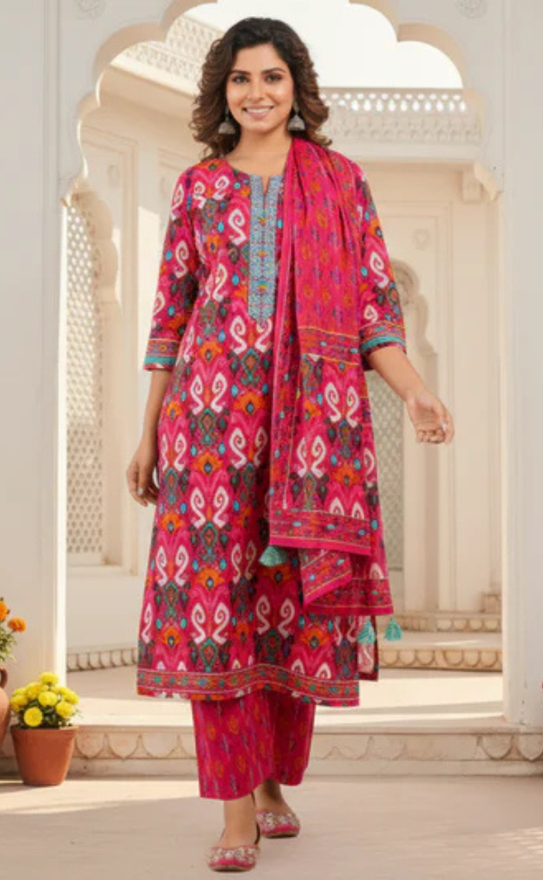Hot Pink Ikkat Jaipur Cotton Kurti With Pant And Dupatta Set. Pure Versatile Cotton. | Laces and Frills