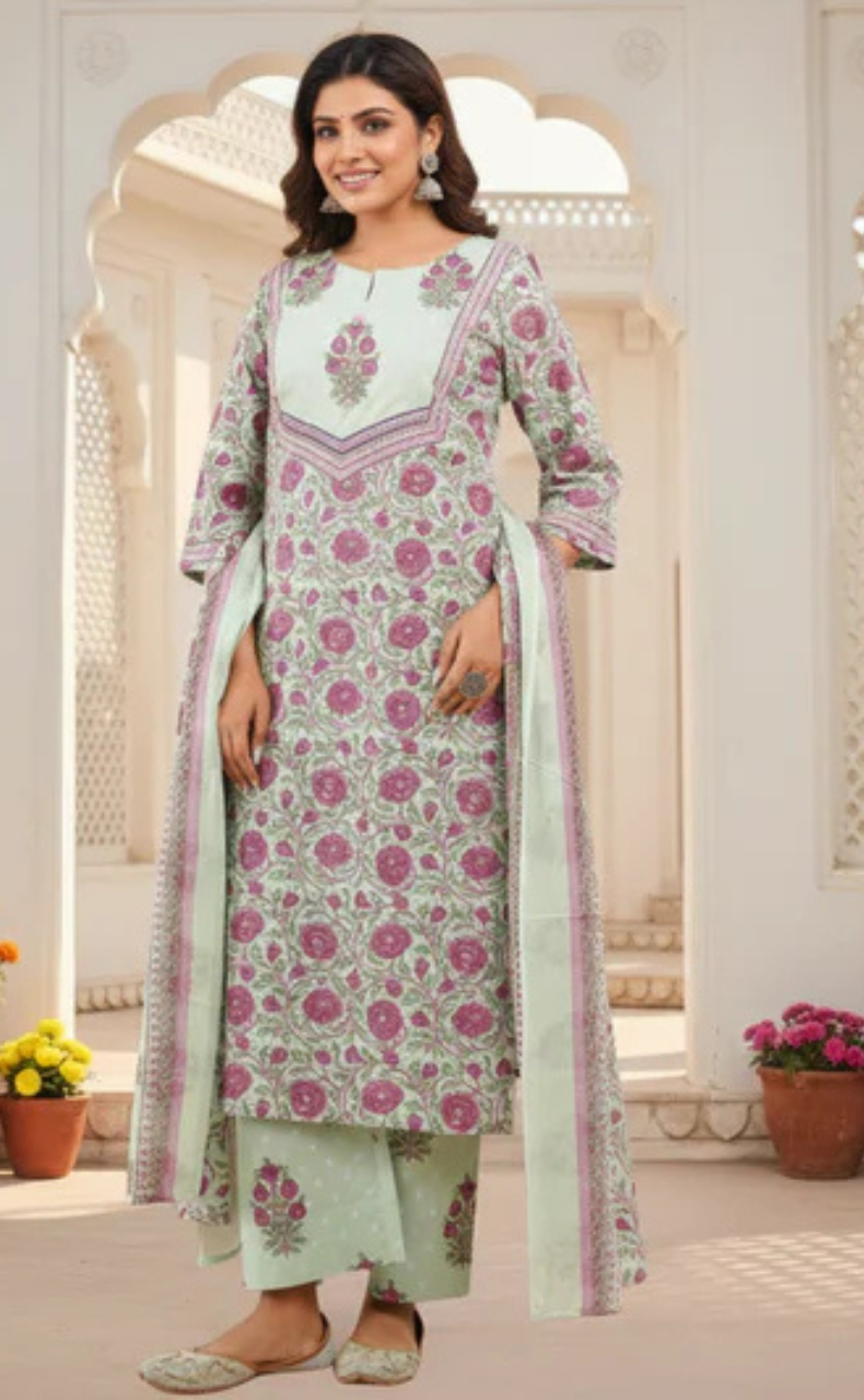 Pista Green Floral Jaipur Cotton Kurti With Pant And Dupatta Set. Pure Versatile Cotton. | Laces and Frills