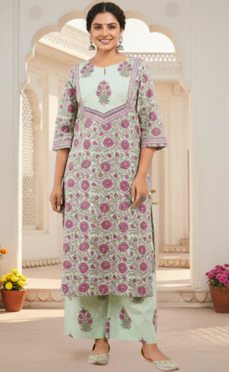 Pista Green Floral Jaipur Cotton Kurti With Pant And Dupatta Set. Pure Versatile Cotton. | Laces and Frills