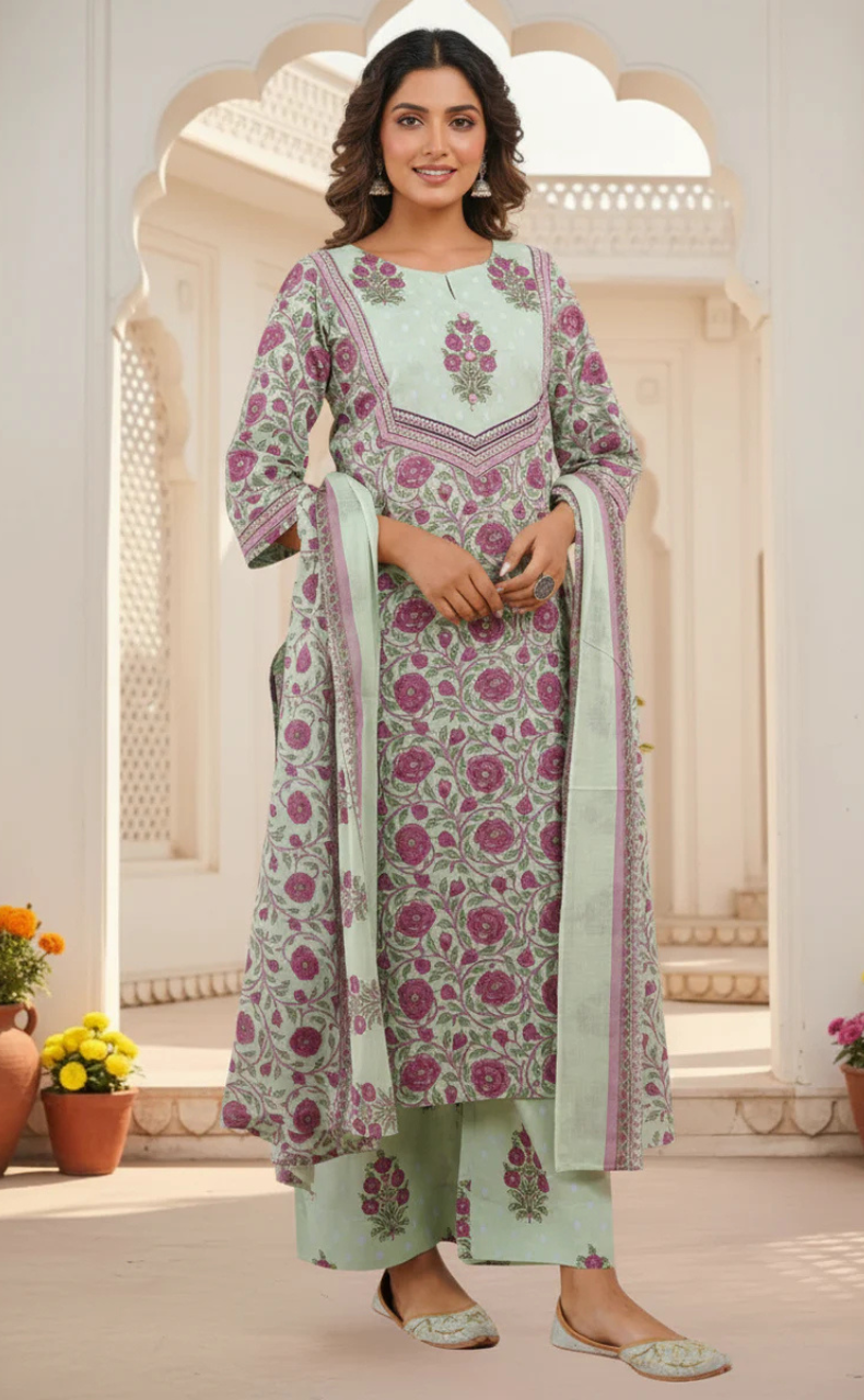 Pista Green Floral Jaipur Cotton Kurti With Pant And Dupatta Set. Pure Versatile Cotton. | Laces and Frills