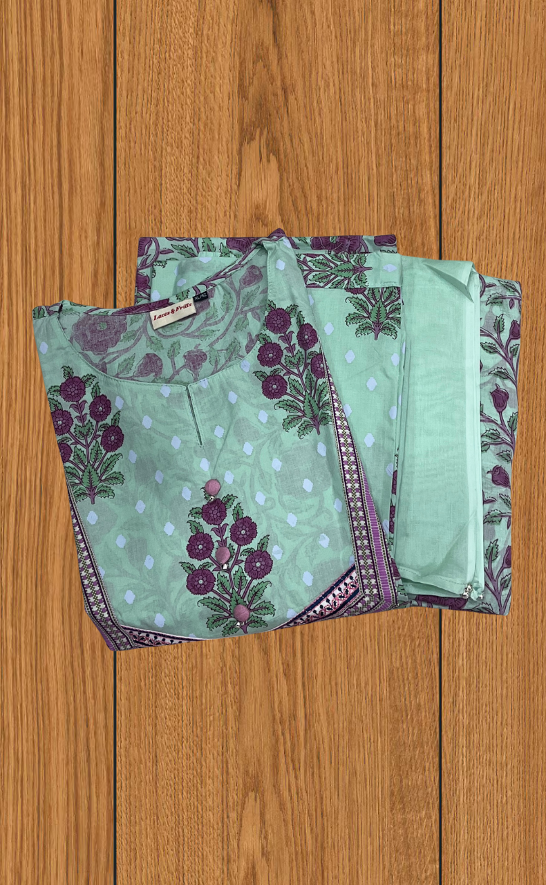 Pista Green Floral Jaipur Cotton Kurti With Pant And Dupatta Set. Pure Versatile Cotton. | Laces and Frills