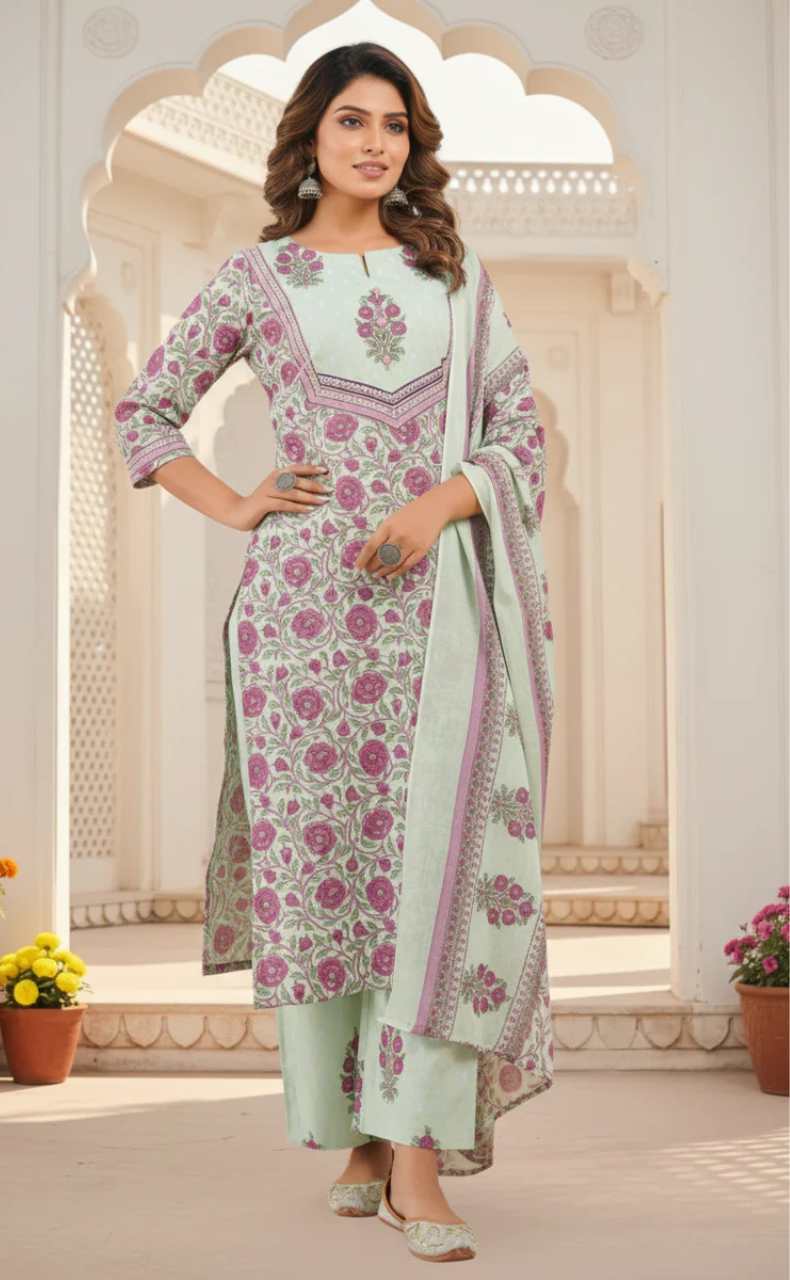 Pista Green Floral Jaipur Cotton Kurti With Pant And Dupatta Set. Pure Versatile Cotton. | Laces and Frills