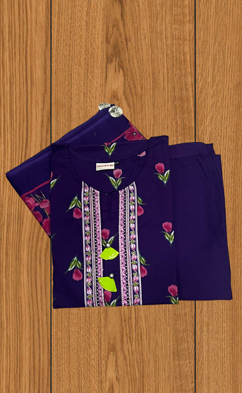 Dark Violet Floral Jaipur Cotton Kurti With Pant And Dupatta Set. Pure Versatile Cotton. | Laces and Frills