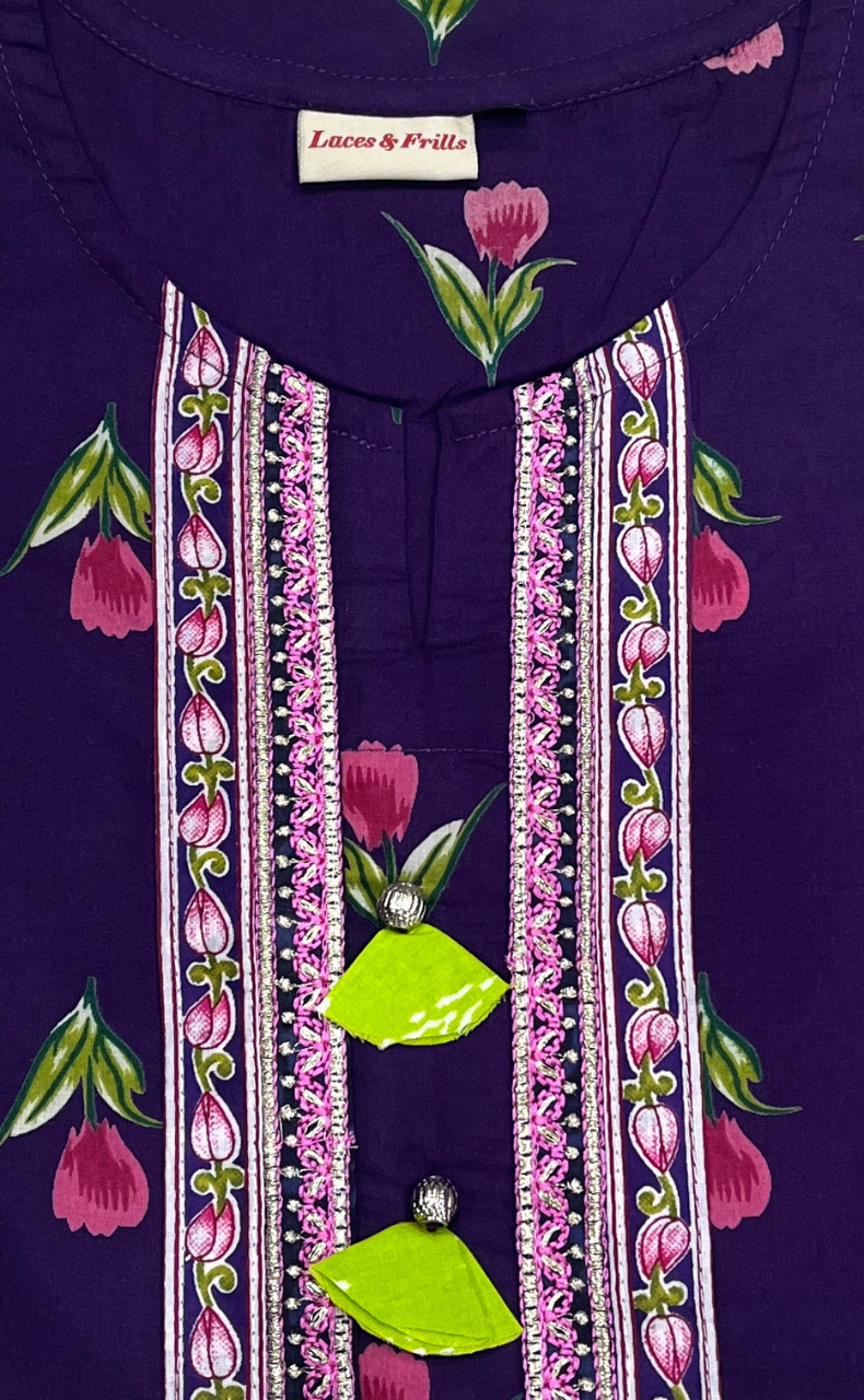 Dark Violet Floral Jaipur Cotton Kurti With Pant And Dupatta Set. Pure Versatile Cotton. | Laces and Frills