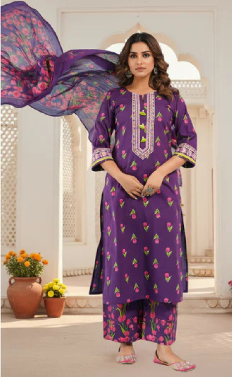 Dark Violet Floral Jaipur Cotton Kurti With Pant And Dupatta Set. Pure Versatile Cotton. | Laces and Frills