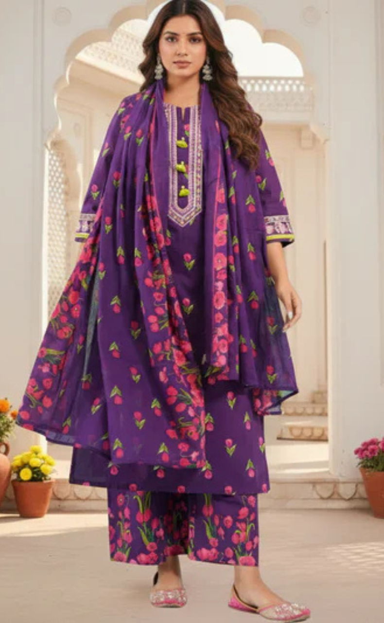 Dark Violet Floral Jaipur Cotton Kurti With Pant And Dupatta Set. Pure Versatile Cotton. | Laces and Frills