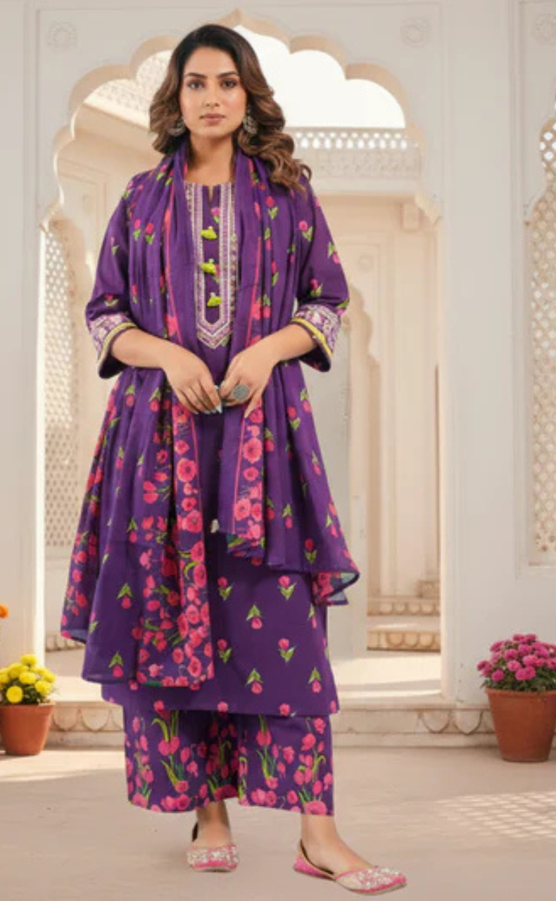 Dark Violet Floral Jaipur Cotton Kurti With Pant And Dupatta Set. Pure Versatile Cotton. | Laces and Frills