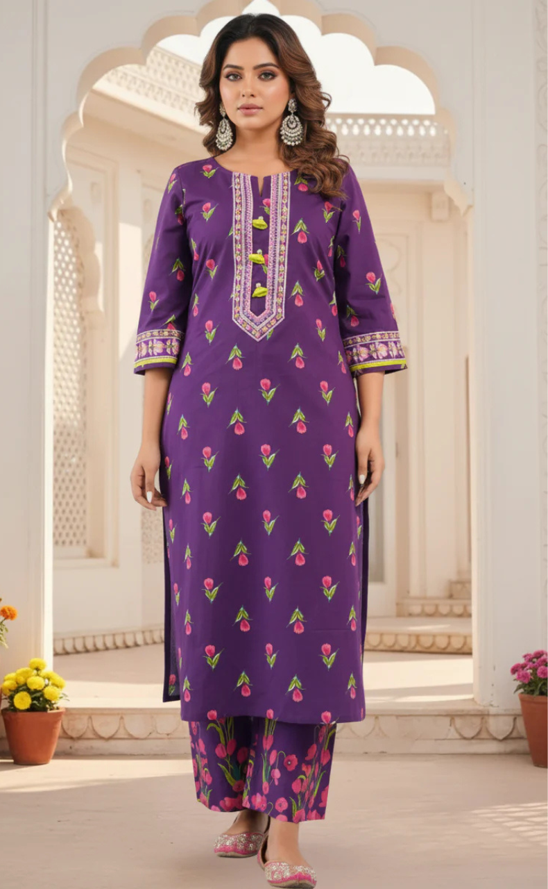Dark Violet Floral Jaipur Cotton Kurti With Pant And Dupatta Set. Pure Versatile Cotton. | Laces and Frills